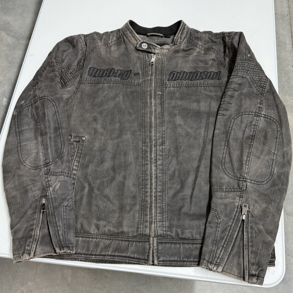Harley Davidson Riding Jacket Mens Large Gray Good Washed Canvas Biker Moto